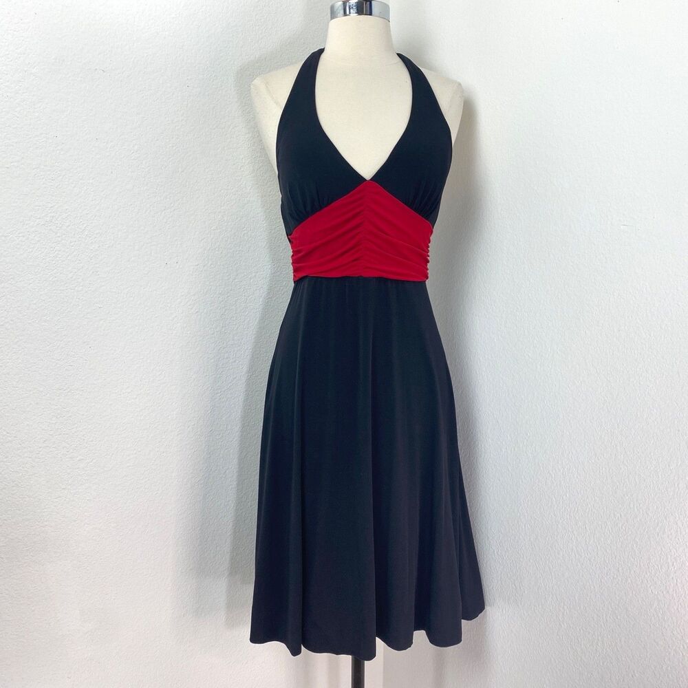 iz Buyer Black Halter Cocktail Dress Medium Red Ruched Waist Dance Party Clubbin